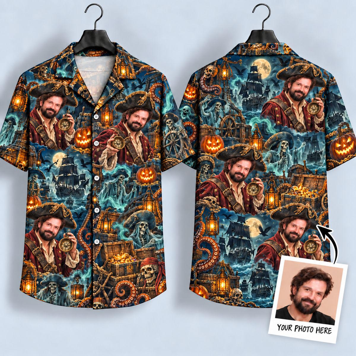Pirate Captain Halloween Hawaiian Shirt – Ghostly Skulls, Pumpkins & Ship Design