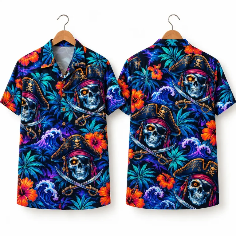 Pirate Skull Halloween Hawaiian Shirt with Orange Hibiscus