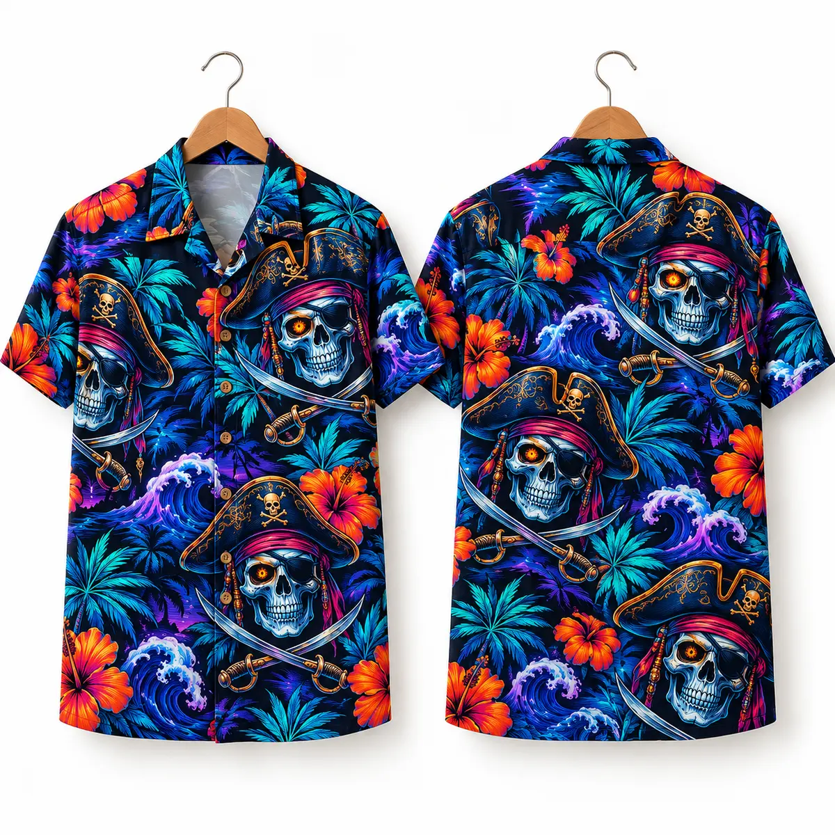 Pirate Skull Halloween Hawaiian Shirt with Orange Hibiscus