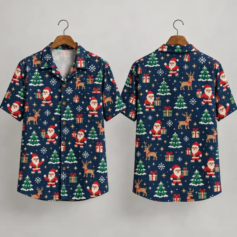 Pixel Christmas Santa Hawaiian Shirt in Navy Blue