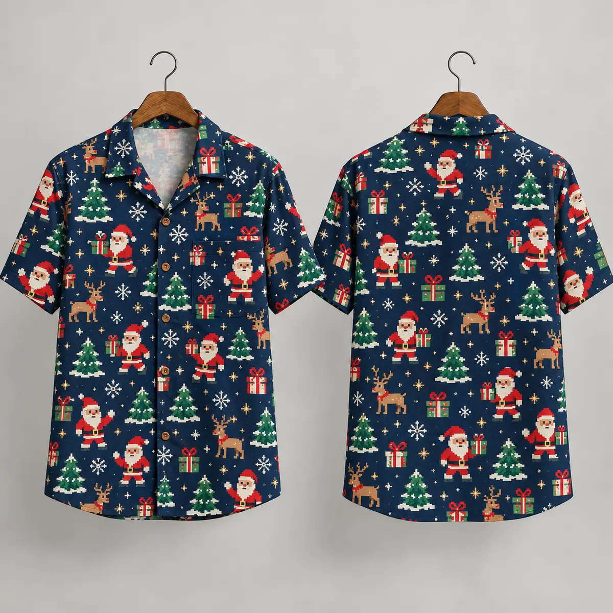 Pixel Christmas Santa Hawaiian Shirt in Navy Blue