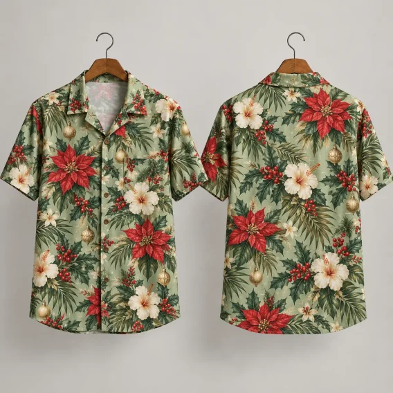 Poinsettia Christmas Hawaiian Shirt with Hibiscus