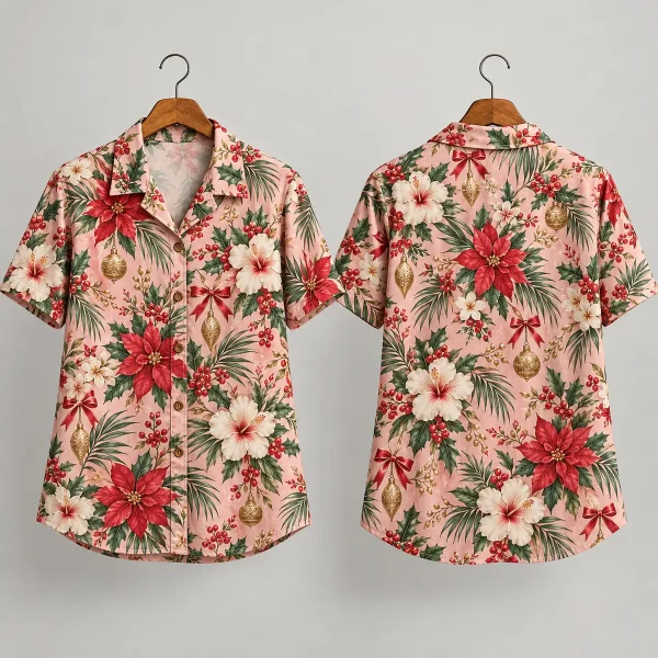 Poinsettia Christmas Themed Hawaiian Shirt with Pink Hibiscus