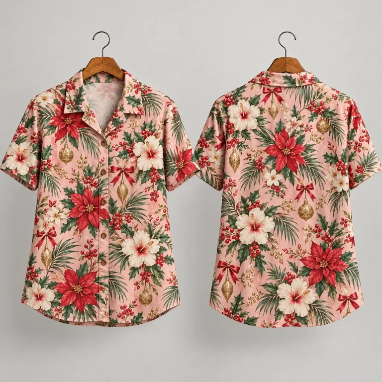 Poinsettia Christmas Themed Hawaiian Shirt with Pink Hibiscus