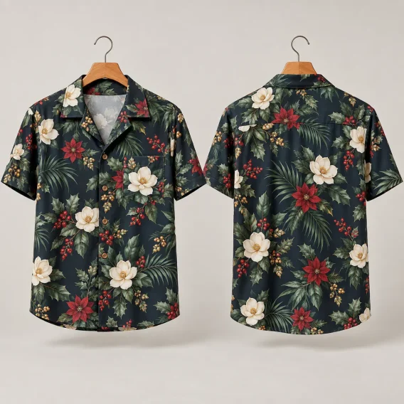 Poinsettia Magnolia Christmas Hawaiian Shirt – Navy Floral