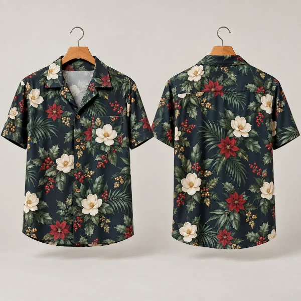 Poinsettia Magnolia Christmas Hawaiian Shirt – Navy Floral
