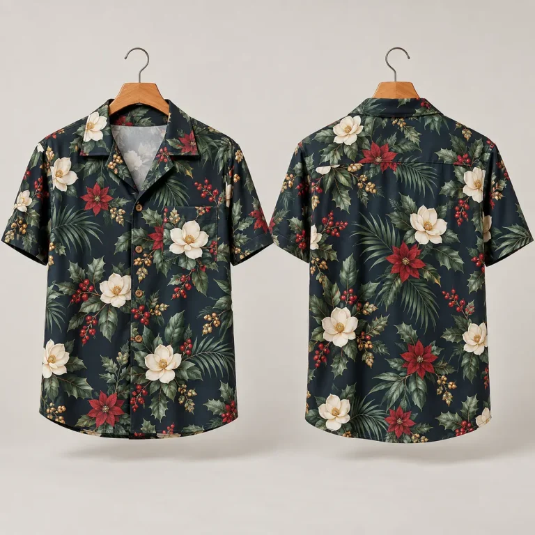 Poinsettia Magnolia Christmas Hawaiian Shirt – Navy Floral