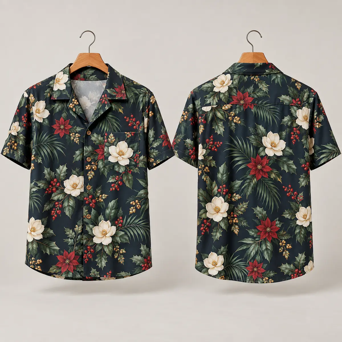 Poinsettia Magnolia Christmas Hawaiian Shirt – Navy Floral