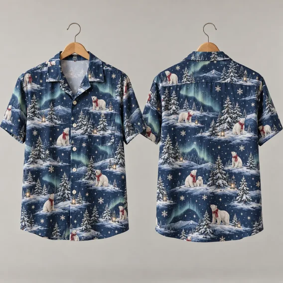 Polar Bear Christmas Hawaiian Shirt with Aurora & Lanterns