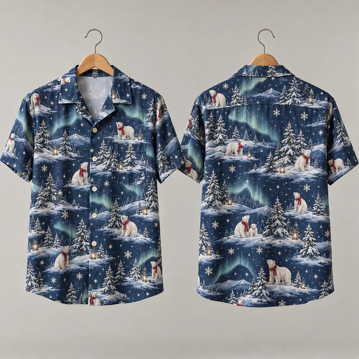 Polar Bear Christmas Hawaiian Shirt with Aurora & Lanterns