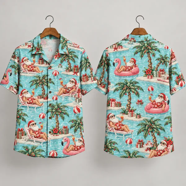Poolside Santa Claus Hawaiian Shirt - Aqua Christmas