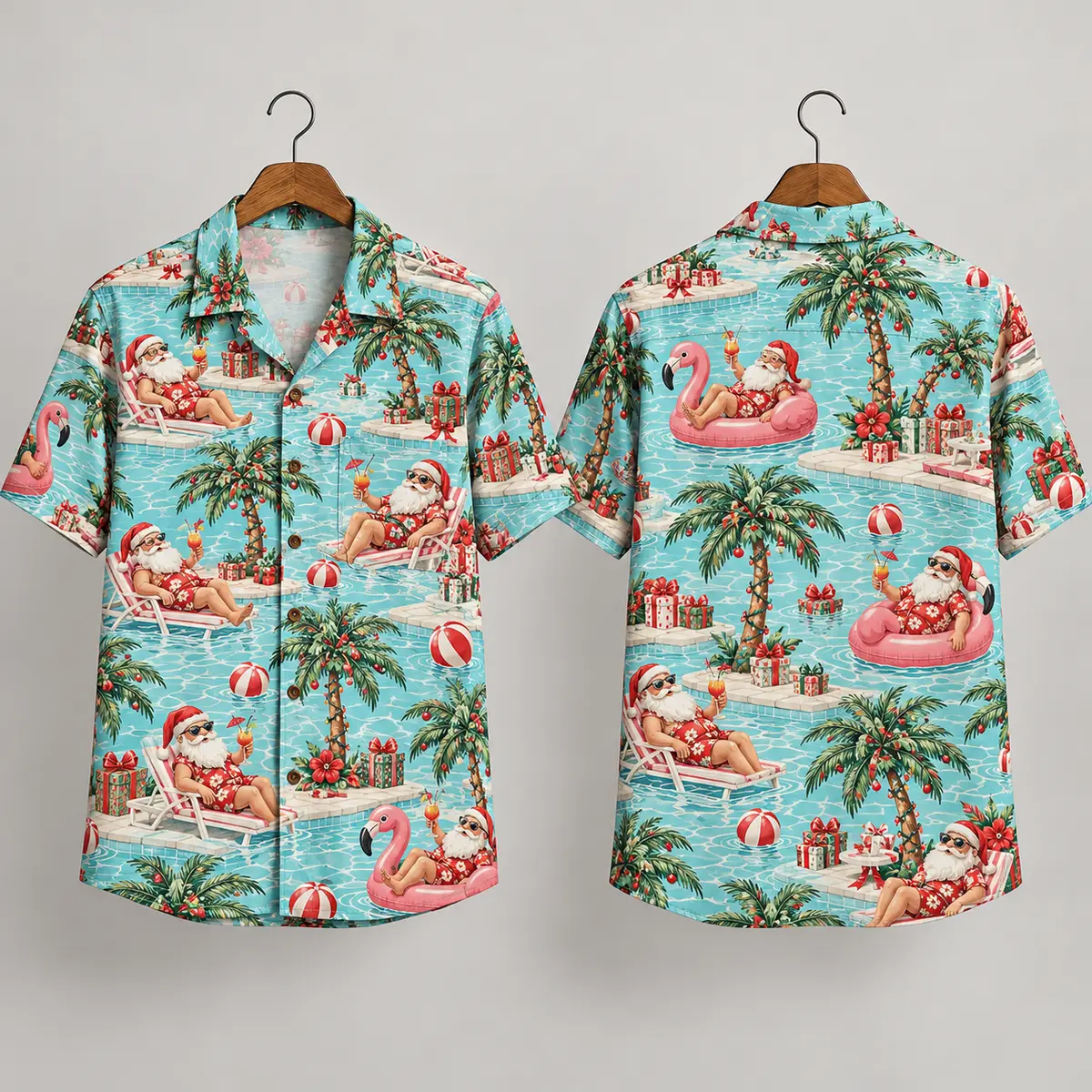 Poolside Santa Claus Hawaiian Shirt - Aqua Christmas