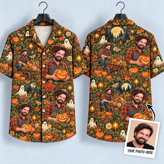 Pumpkin Man Halloween Hawaiian Shirt – Autumn Harvest Ghost & Jack-o'-Lantern Print