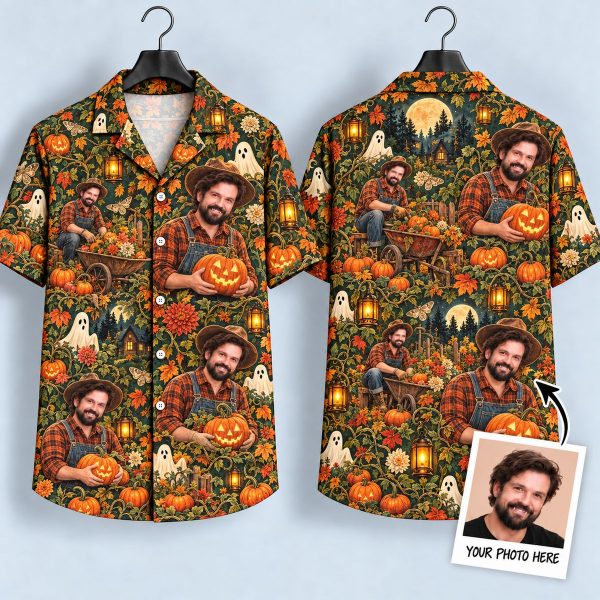 Pumpkin Man Halloween Hawaiian Shirt – Autumn Harvest Ghost & Jack-o'-Lantern Print