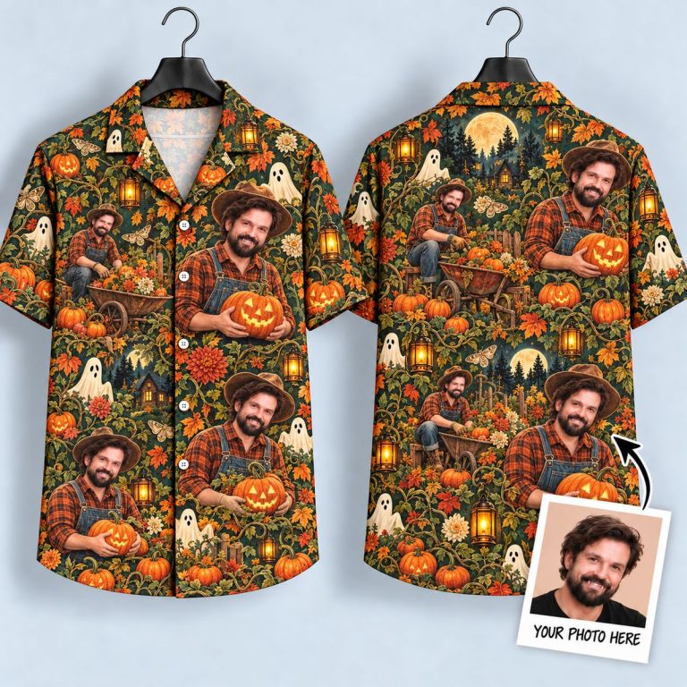 Pumpkin Man Halloween Hawaiian Shirt – Autumn Harvest Ghost & Jack-o’-Lantern Print