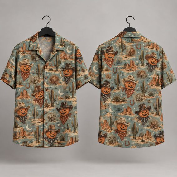 Cowboy Pumpkin Halloween Hawaiian Shirt – Western Jack-O'-Lantern Desert Print