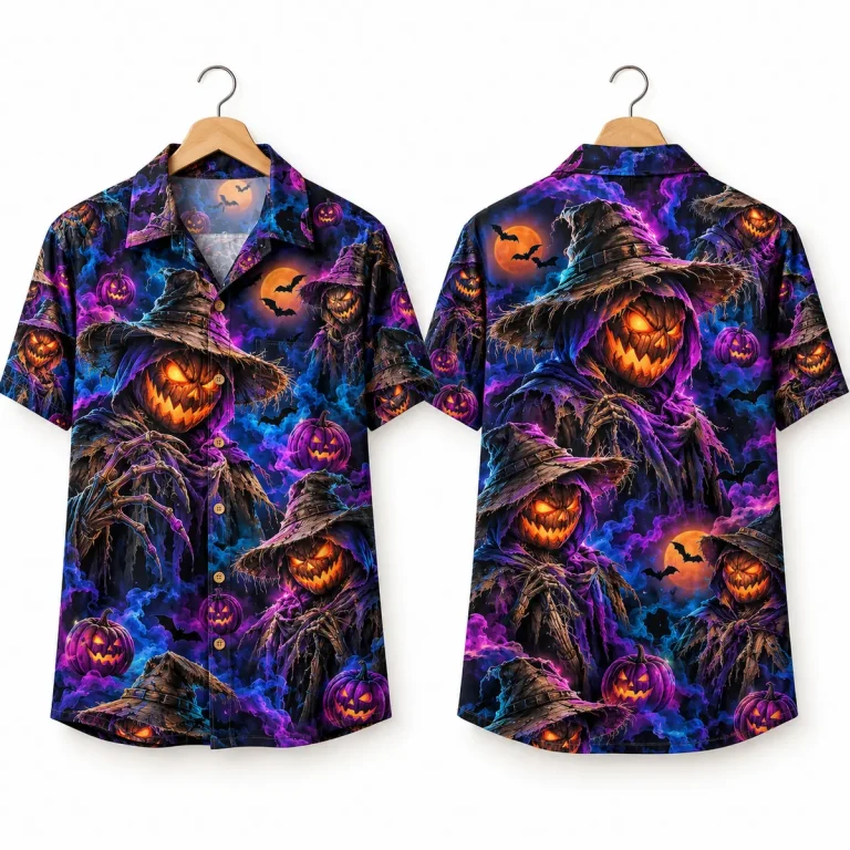 Pumpkin Scarecrow Halloween Hawaiian Shirt – Moonlit Bats