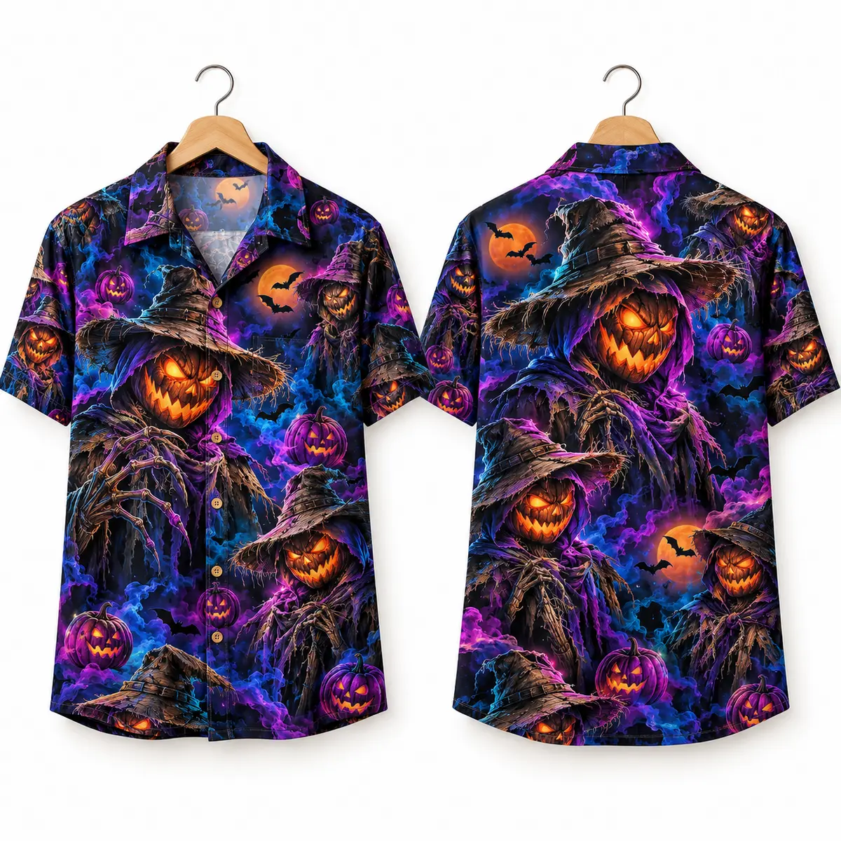 Pumpkin Scarecrow Halloween Hawaiian Shirt – Moonlit Bats