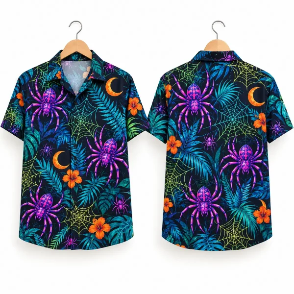 purple spider halloween hawaiian shirt with Neon Webs