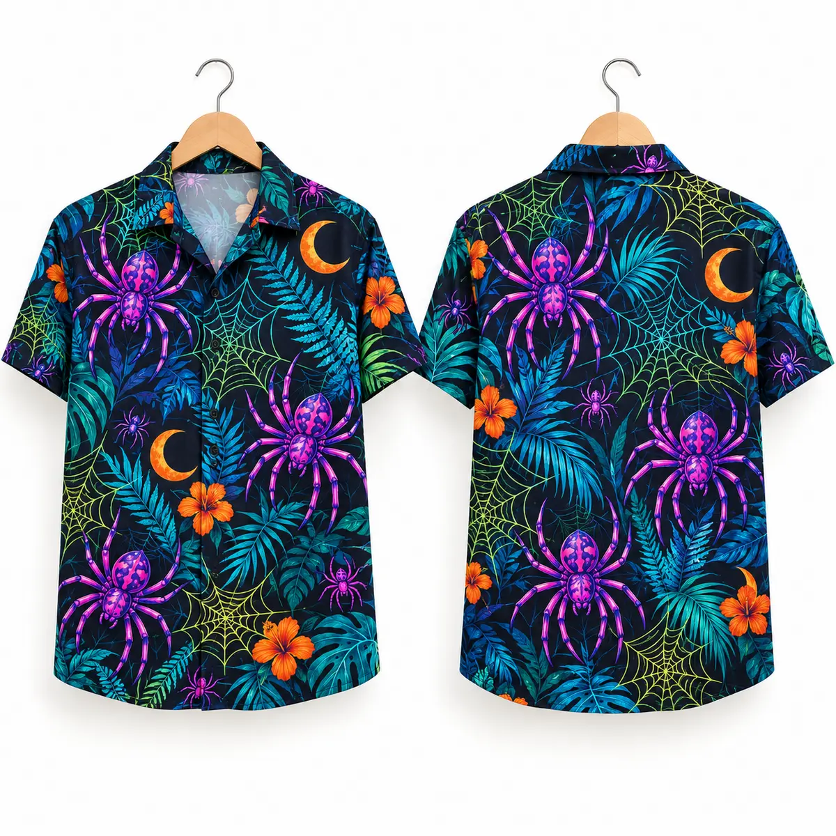 purple spider halloween hawaiian shirt with Neon Webs