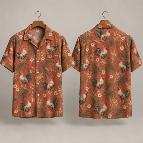 Realistic Rooster Hawaiian Shirt with Terracotta Florals
