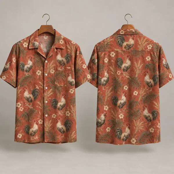 Realistic Rooster Hawaiian Shirt with Terracotta Florals