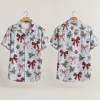 Red Bow Christmas Hawaiian Shirt - Blue Ornament Print
