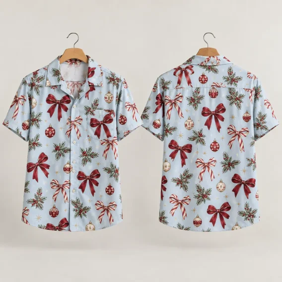 Red Bow Christmas Hawaiian Shirt - Blue Ornament Print