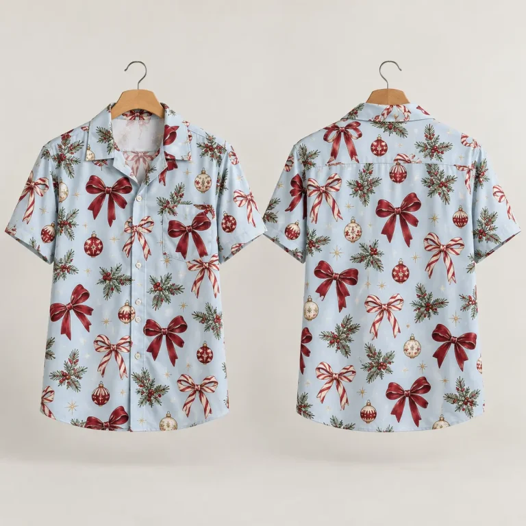 Red Bow Christmas Hawaiian Shirt – Blue Ornament Print