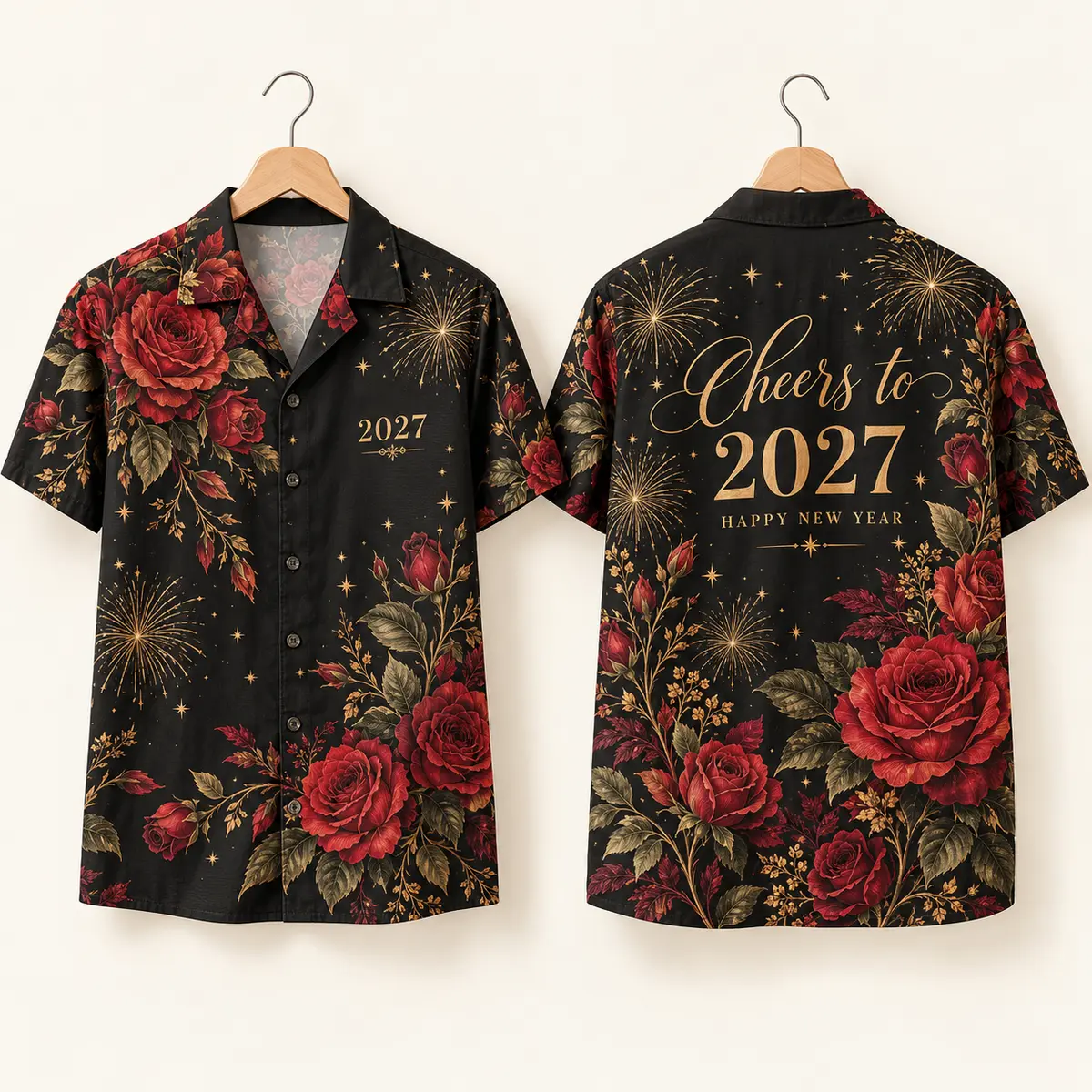 Red Rose New Year Shirt - 2027 Fireworks Button-Up