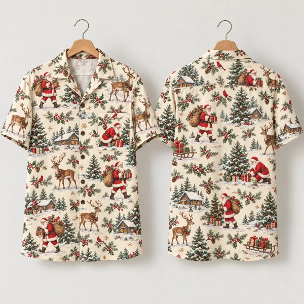 Reindeer Santa Aloha Shirt with Snowy Cabins
