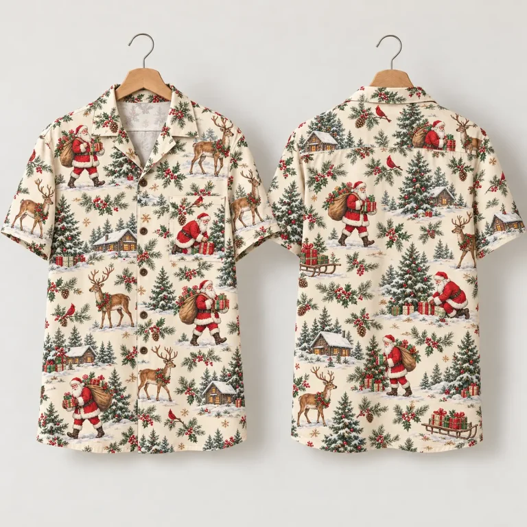 Reindeer Santa Aloha Shirt with Snowy Cabins