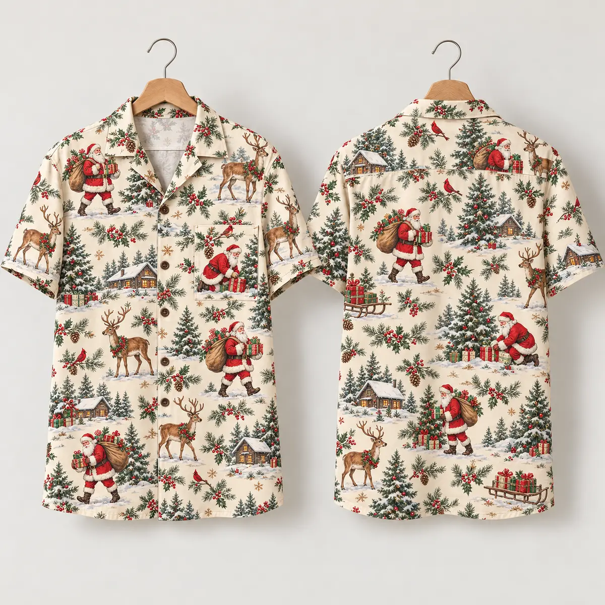 Reindeer Santa Aloha Shirt with Snowy Cabins