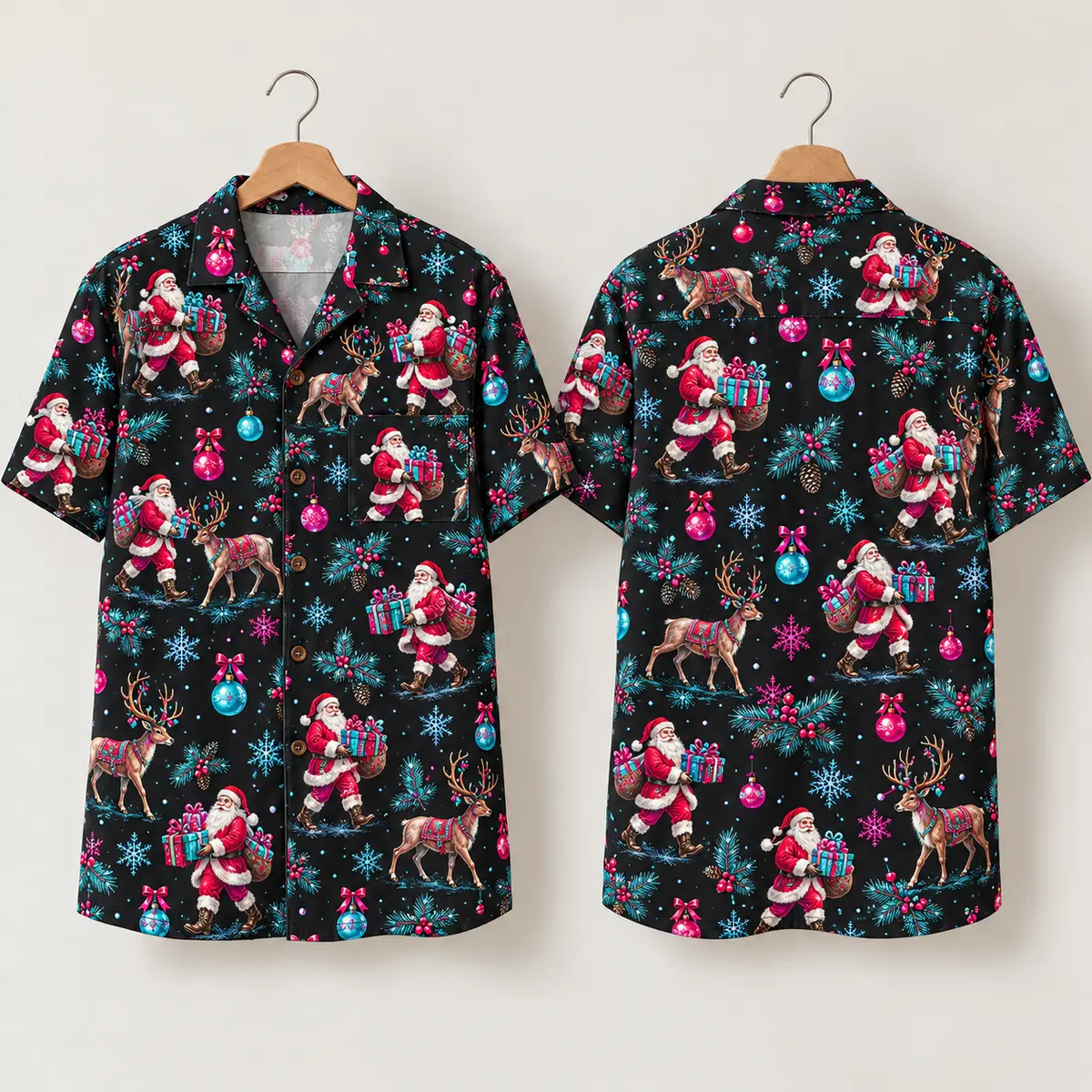 Reindeer Santa Claus Hawaiian Shirt in Black
