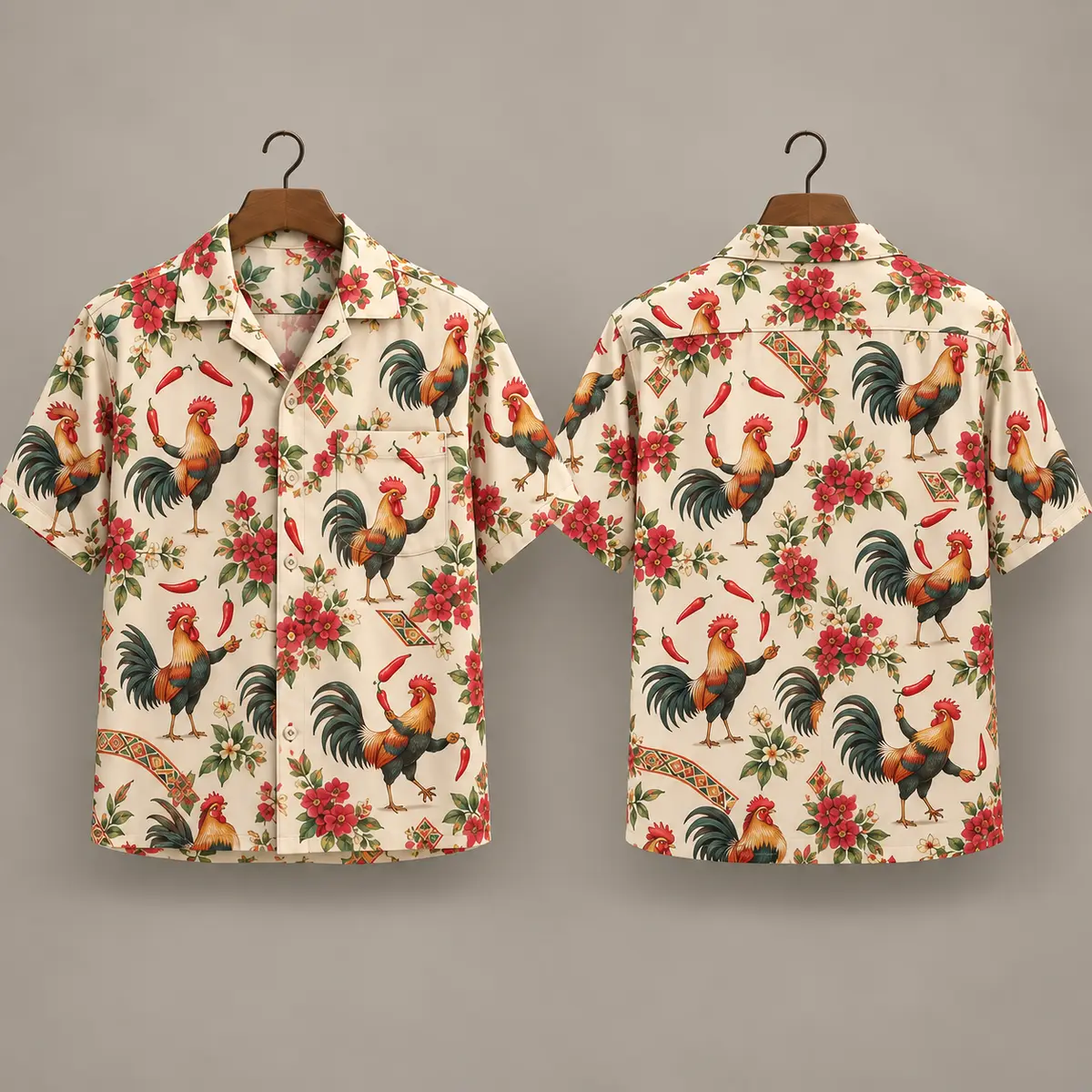 Rooster Print Hawaiian Shirt with Chili & Floral Motifs