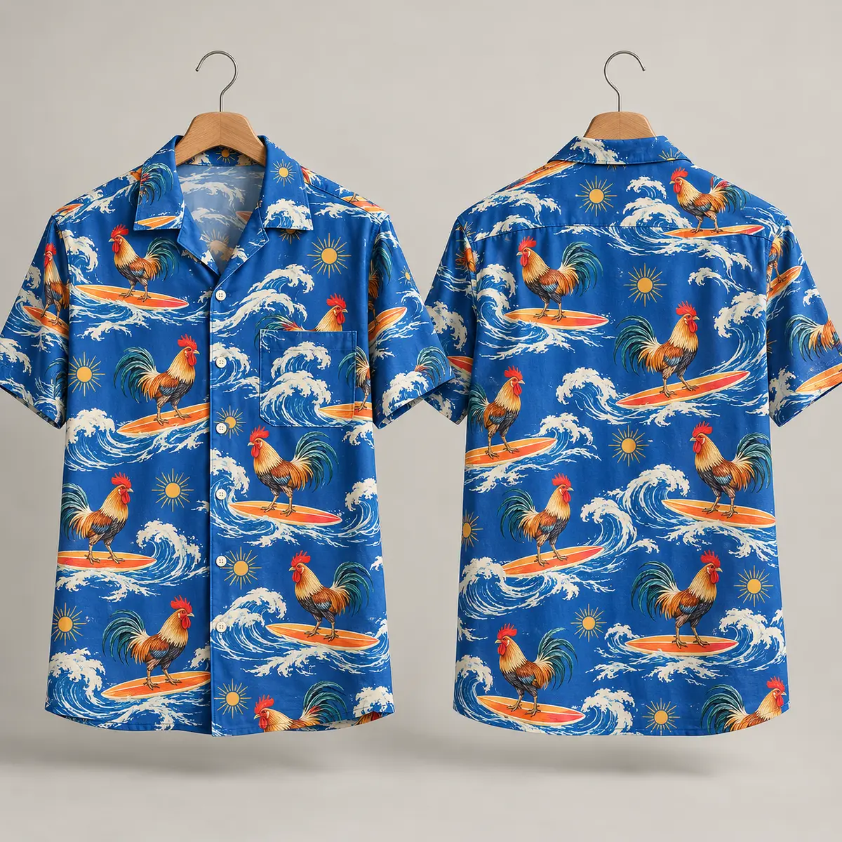 Rooster Surfing Hawaiian Shirt – Blue Waves & Suns