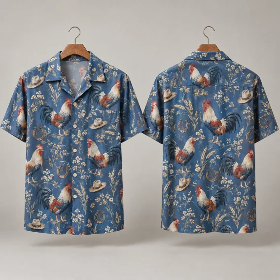 Rustic Rooster Hawaiian Shirt with Blue Country Motifs