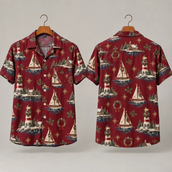 Sailboat Christmas Hawaiian Shirt – Burgundy Lighthouse