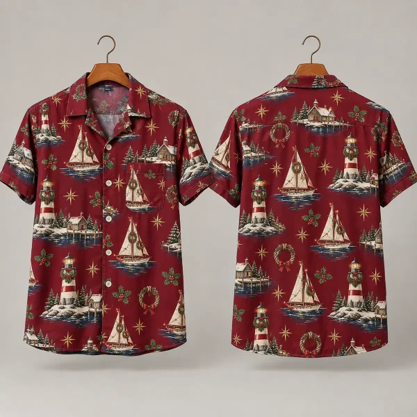 Sailboat Christmas Hawaiian Shirt – Burgundy Lighthouse