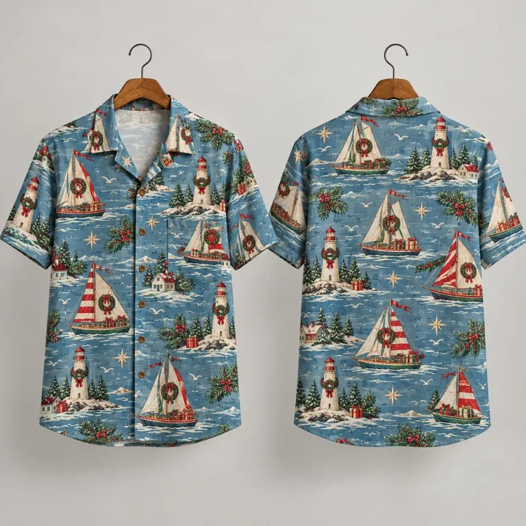 Sailboat Hawaiian Style Christmas Shirts – Lighthouse Print