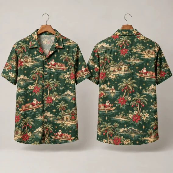 Santa Canoe Christmas Hawaiian Shirt – Tropical Green