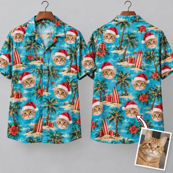 Santa Claus Cat Hawaiian Shirt – Tropical Christmas Cats in Santa Hats Aloha Shirt