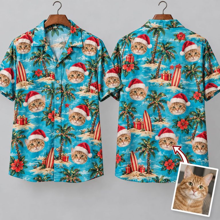 Santa Claus Cat Hawaiian Shirt – Tropical Christmas Cats in Santa Hats Aloha Shirt