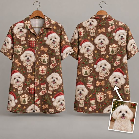 Santa Dog Christmas Hawaiian Shirt – White Fluffy Dogs in Santa Hats All-Over Print
