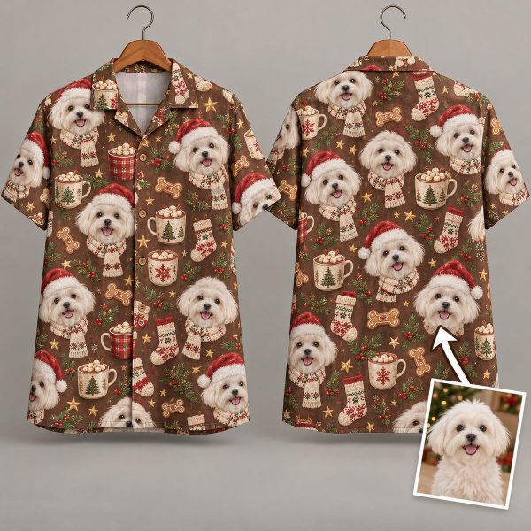 Santa Dog Christmas Hawaiian Shirt – White Fluffy Dogs in Santa Hats All-Over Print