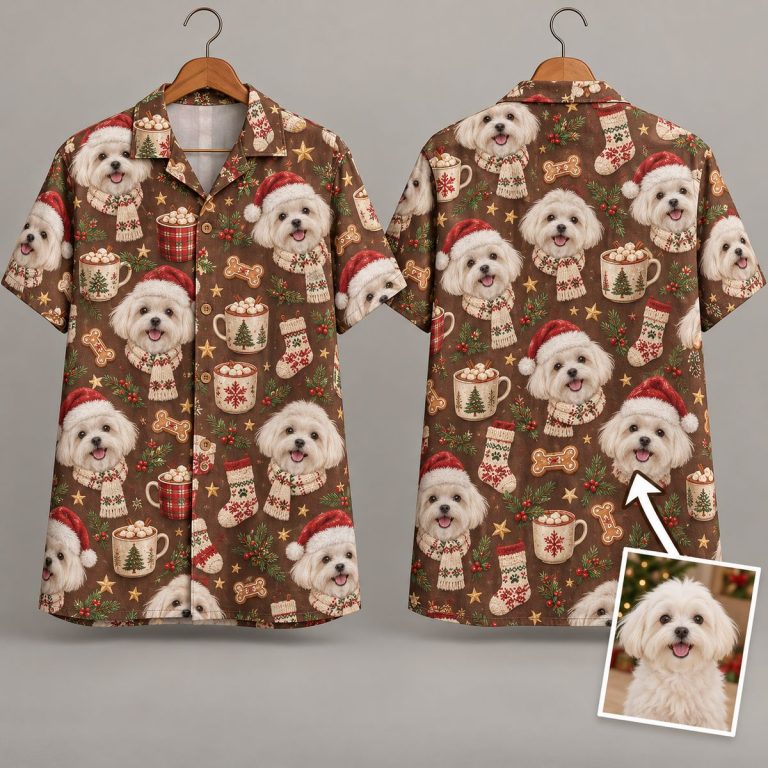 Santa Dog Christmas Hawaiian Shirt – White Fluffy Dogs in Santa Hats All-Over Print