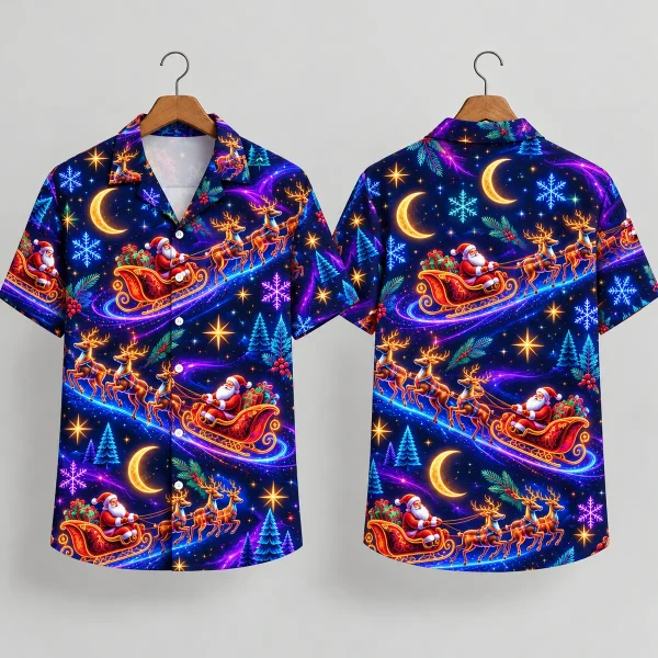 Santa Sleigh Hawaiian Christmas Shirt – Navy Night Scene