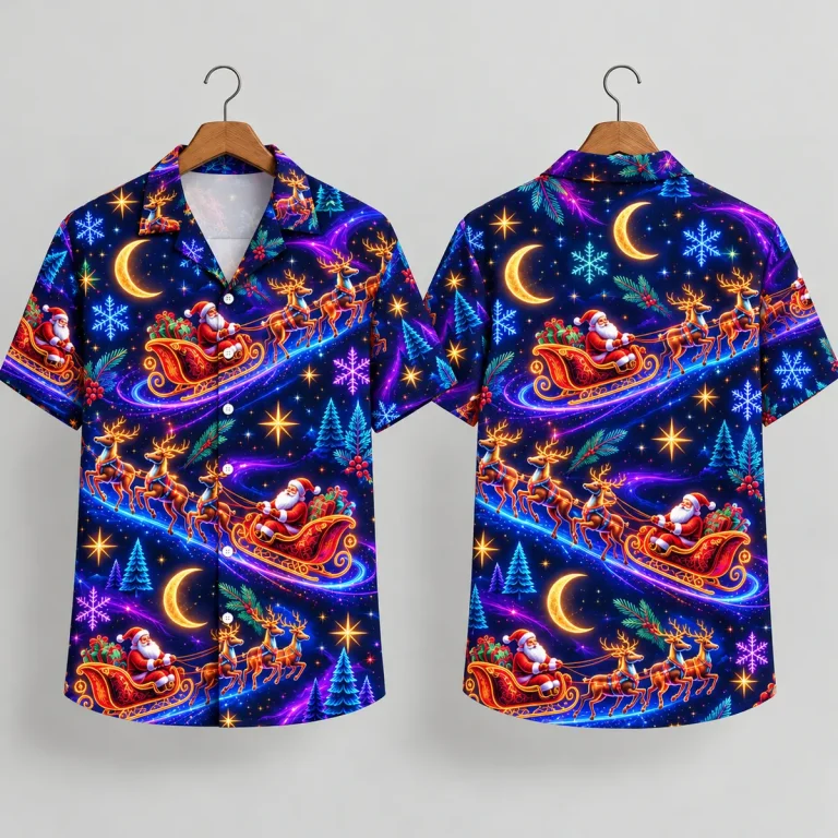 Santa Sleigh Hawaiian Christmas Shirt – Navy Night Scene