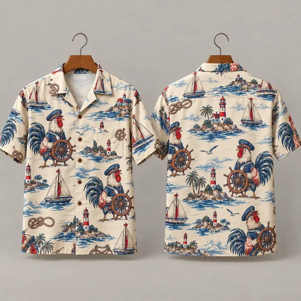 Sea Captain Rooster Hawaiian Shirt with Lighthouses