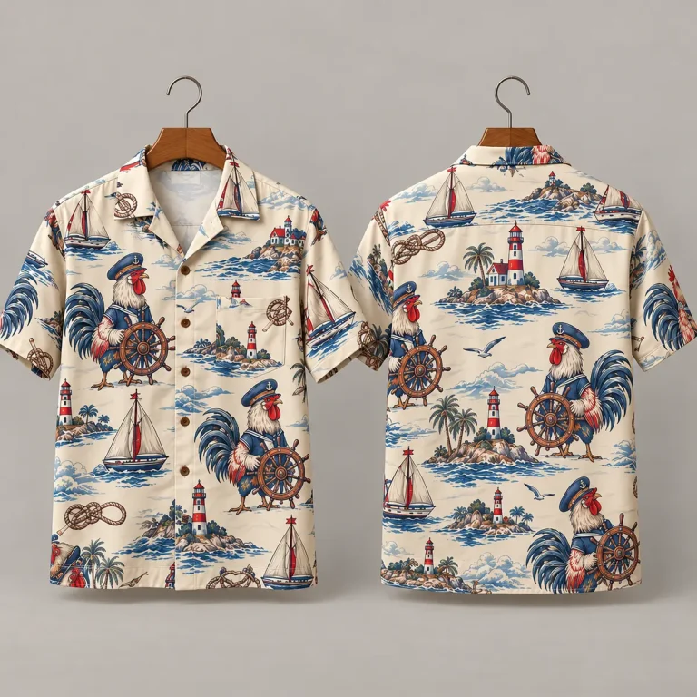 Sea Captain Rooster Hawaiian Shirt with Lighthouses